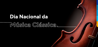 fundo preto, com texto: dia nacional da música clássica, em cima e violoncelo à direita